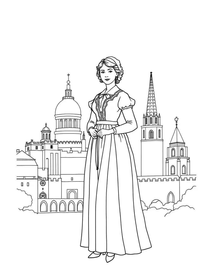 Jane Austen standing proudly with historical landmarks in the background, drawn with clear bold lines for coloring.