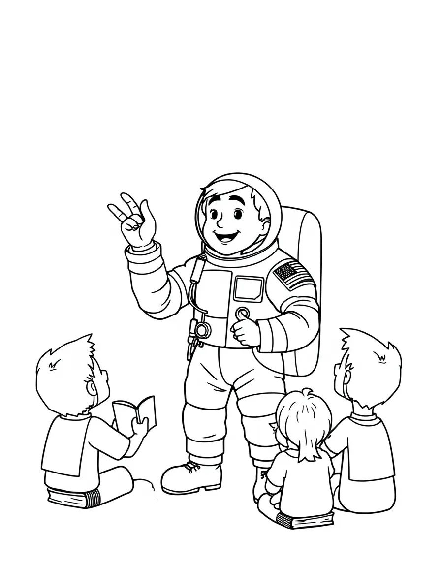 A fun coloring page of Neil Armstrong giving a speech to children with books and peace signs around.