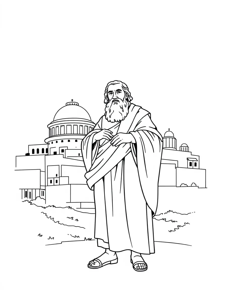 Socrates standing proudly with historical landmarks in the background, drawn with clear bold lines for coloring.