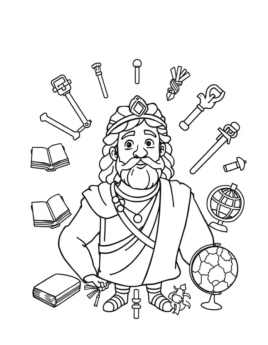 A cartoon-style drawing of Alexander the Great surrounded by symbols of their achievements, like books, tools, or globes.