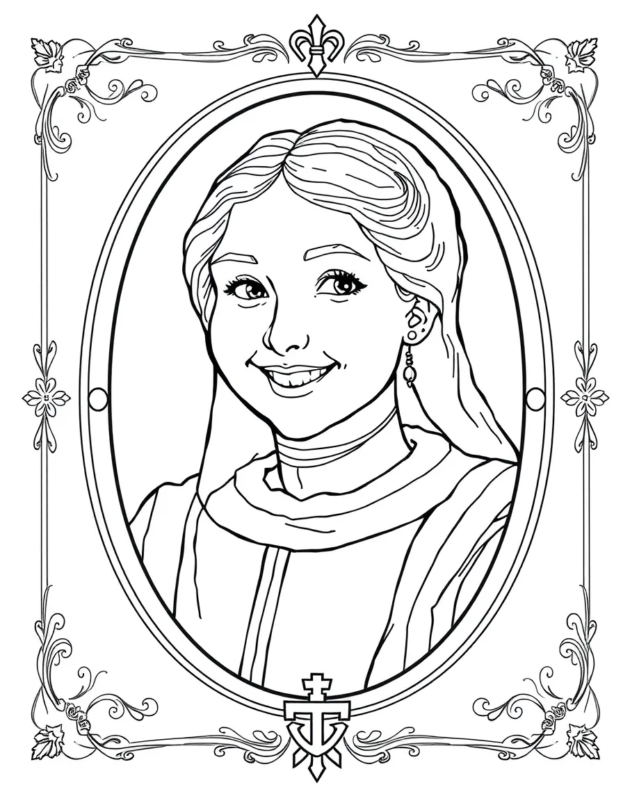 A portrait of Joan of Arc with a big smile, framed with decorative borders and symbols of their time period.