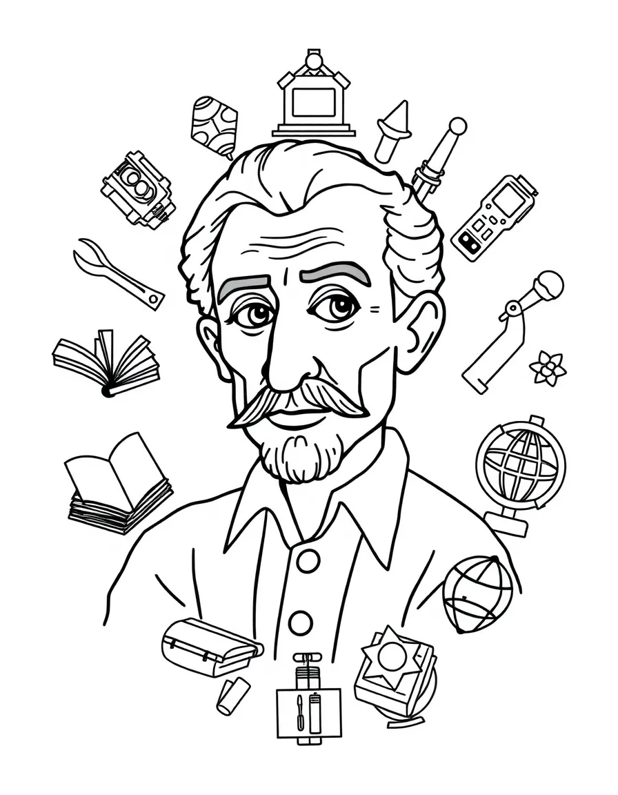 A cartoon-style drawing of Pablo Picasso surrounded by symbols of their achievements, like books, tools, or globes.