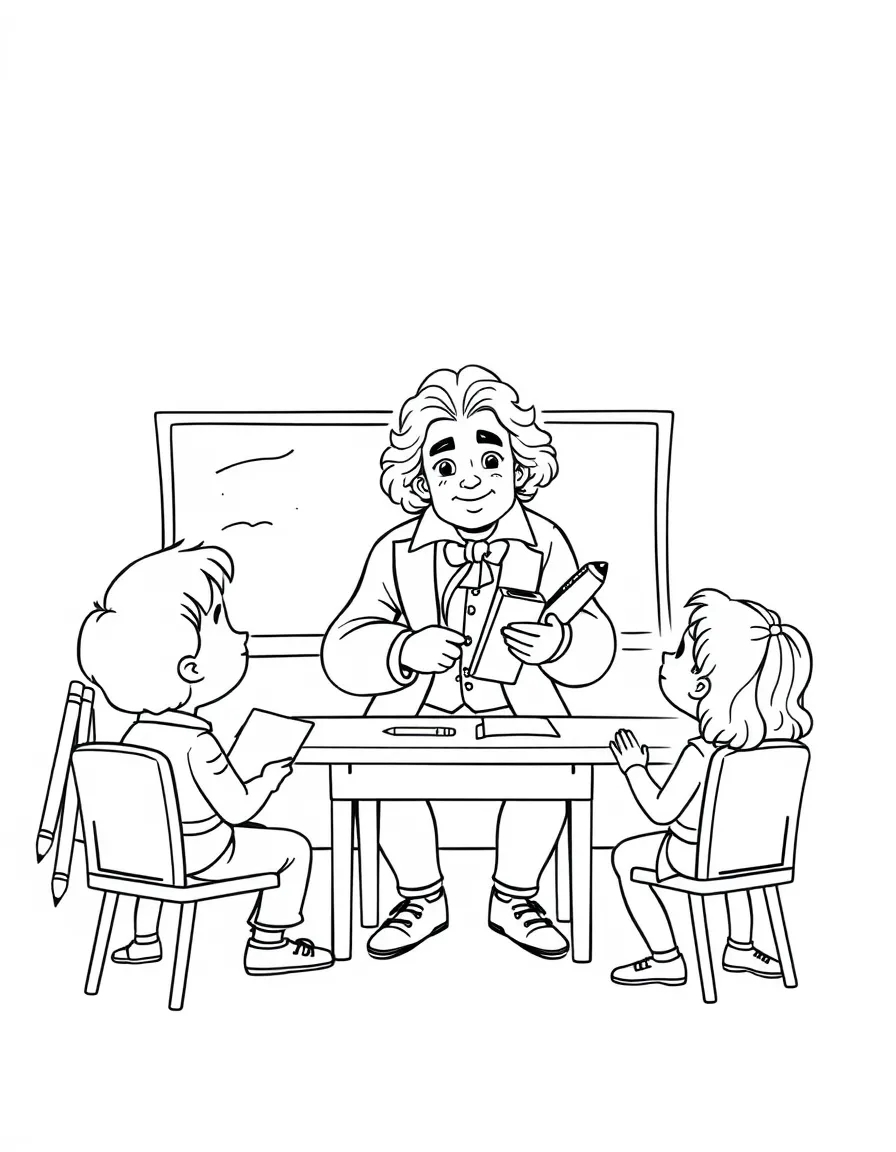 Beethoven teaching children, with educational items like chalkboards and pencils, in a friendly classroom scene.