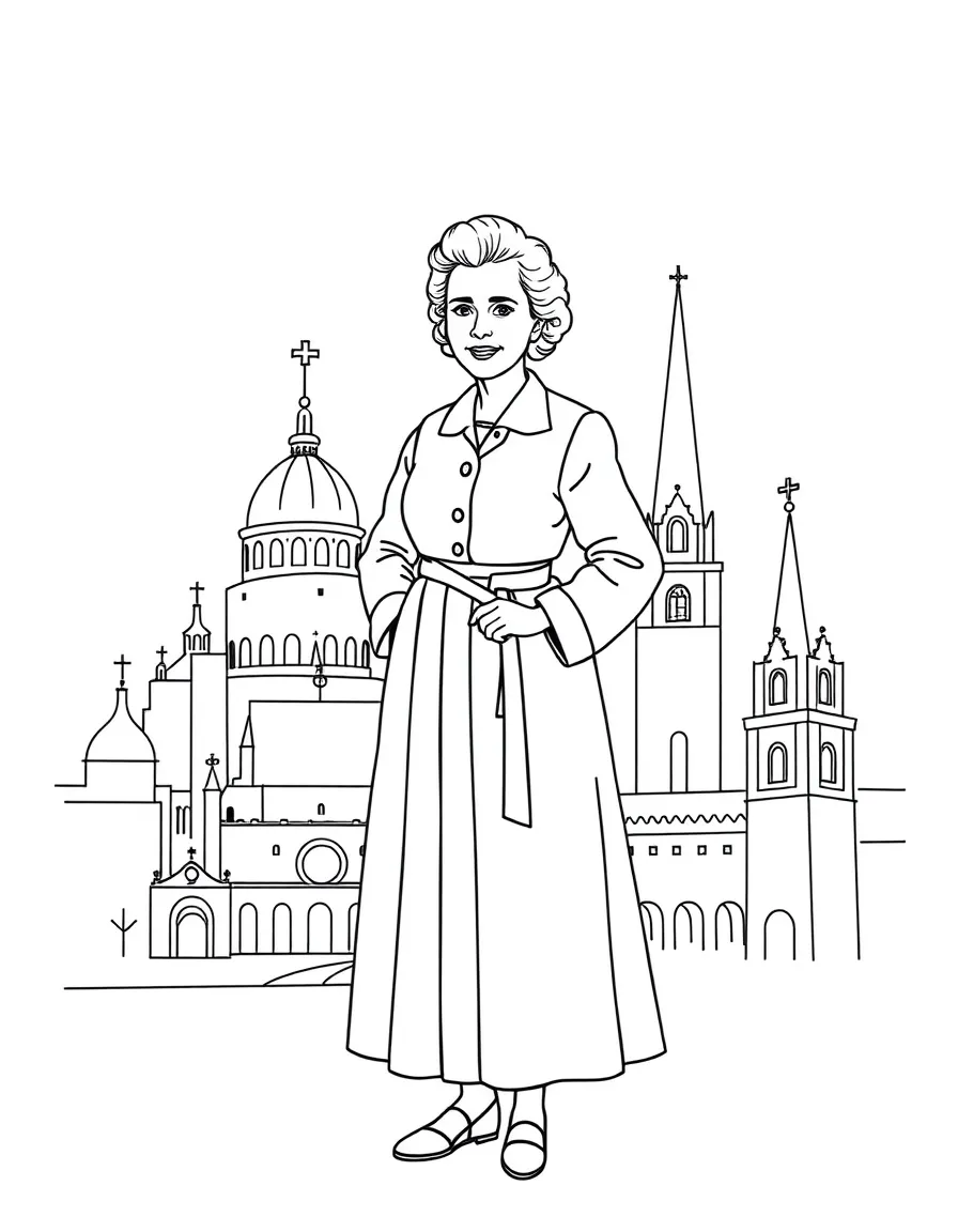 Marie Curie standing proudly with historical landmarks in the background, drawn with clear bold lines for coloring.