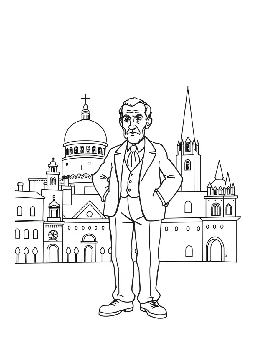 Pablo Picasso standing proudly with historical landmarks in the background, drawn with clear bold lines for coloring.