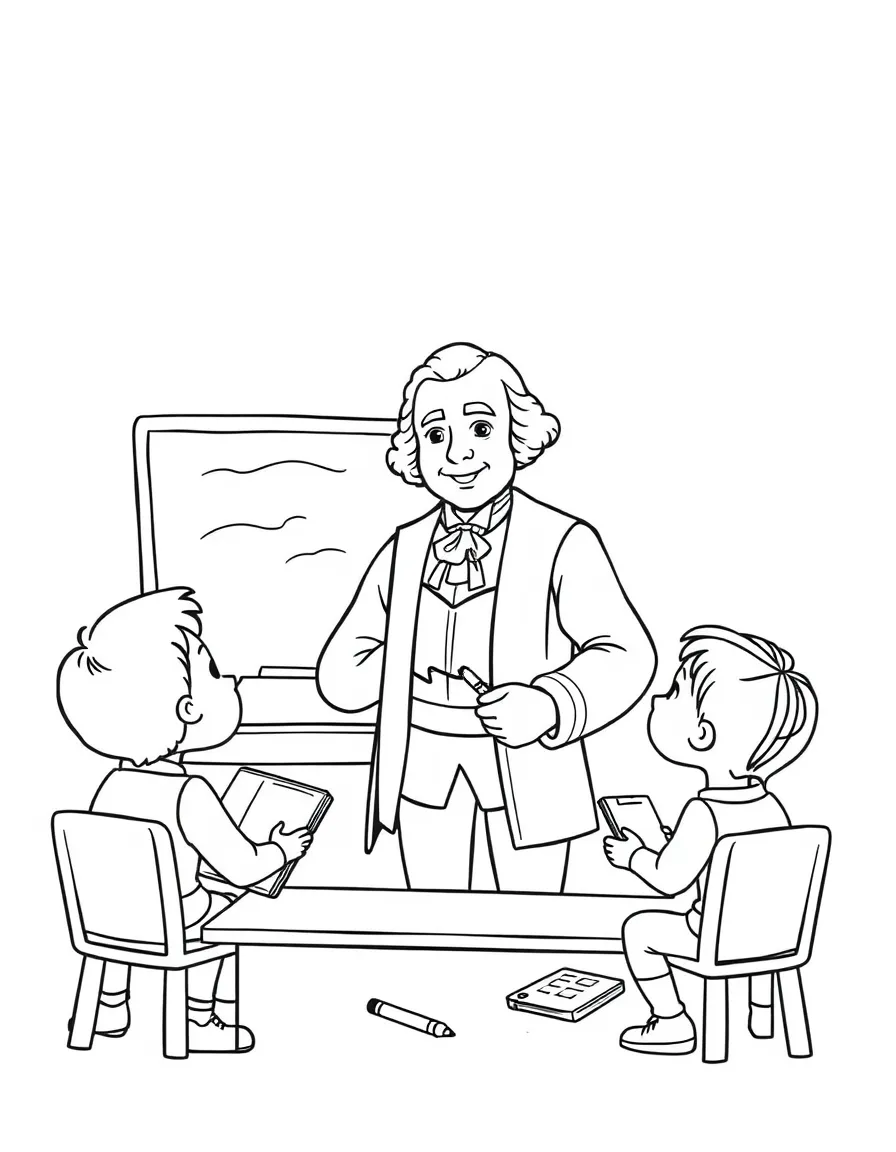 George Washington teaching children, with educational items like chalkboards and pencils, in a friendly classroom scene.