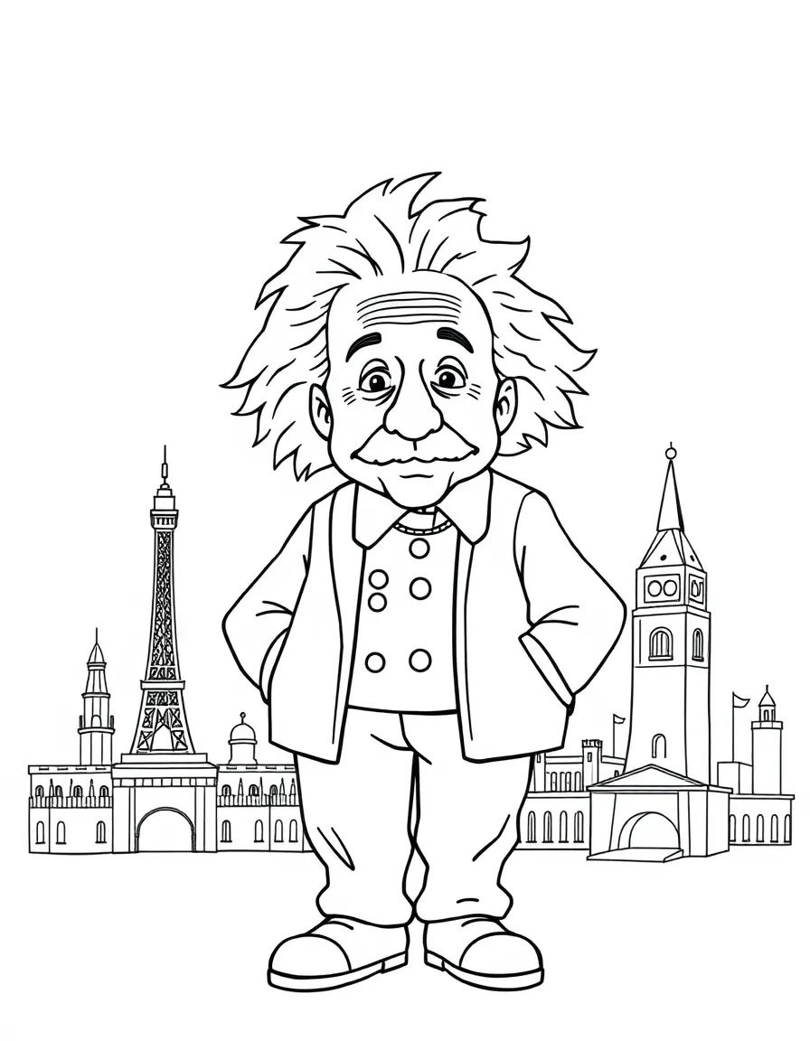 Albert Einstein standing proudly with historical landmarks in the background, drawn with clear bold lines for coloring.