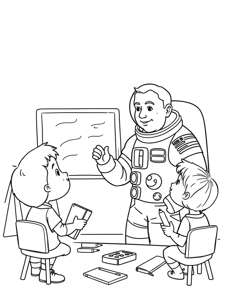 Neil Armstrong teaching children, with educational items like chalkboards and pencils, in a friendly classroom scene.