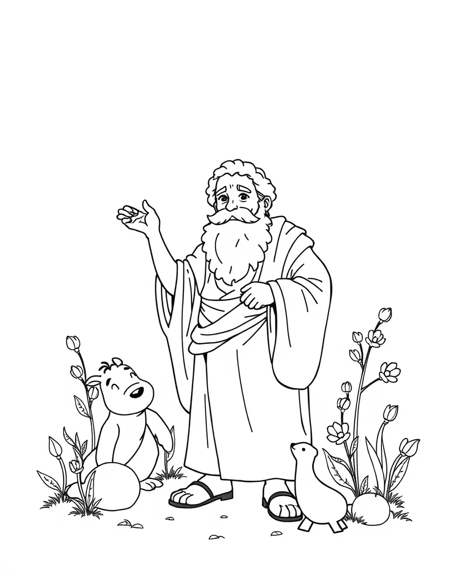 A playful scene showing Socrates in a historical outfit with animals, plants, or kids nearby.