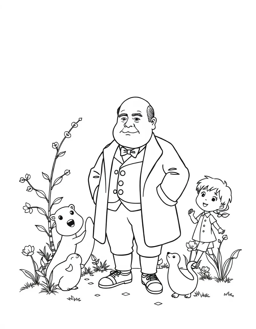 A playful scene showing Winston Churchill in a historical outfit with animals, plants, or kids nearby.