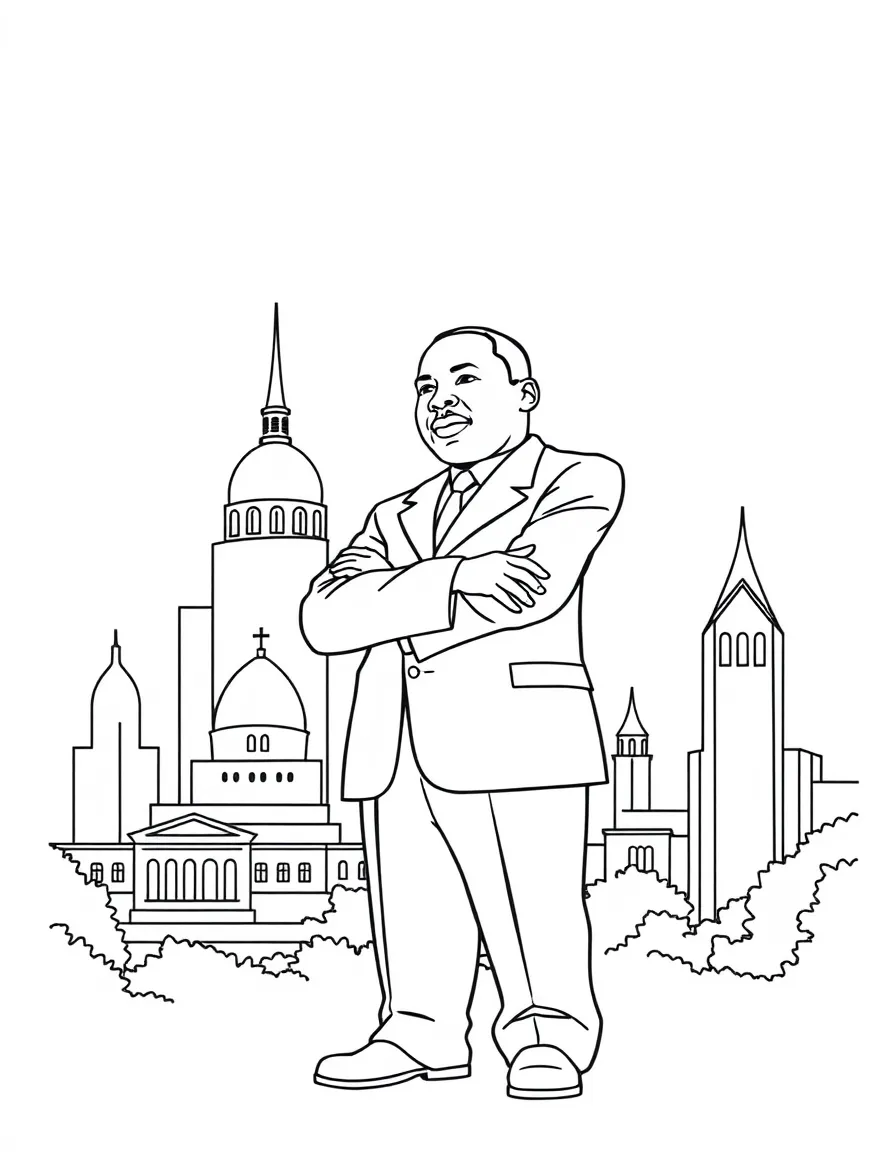 Martin Luther King Jr. standing proudly with historical landmarks in the background, drawn with clear bold lines for coloring.