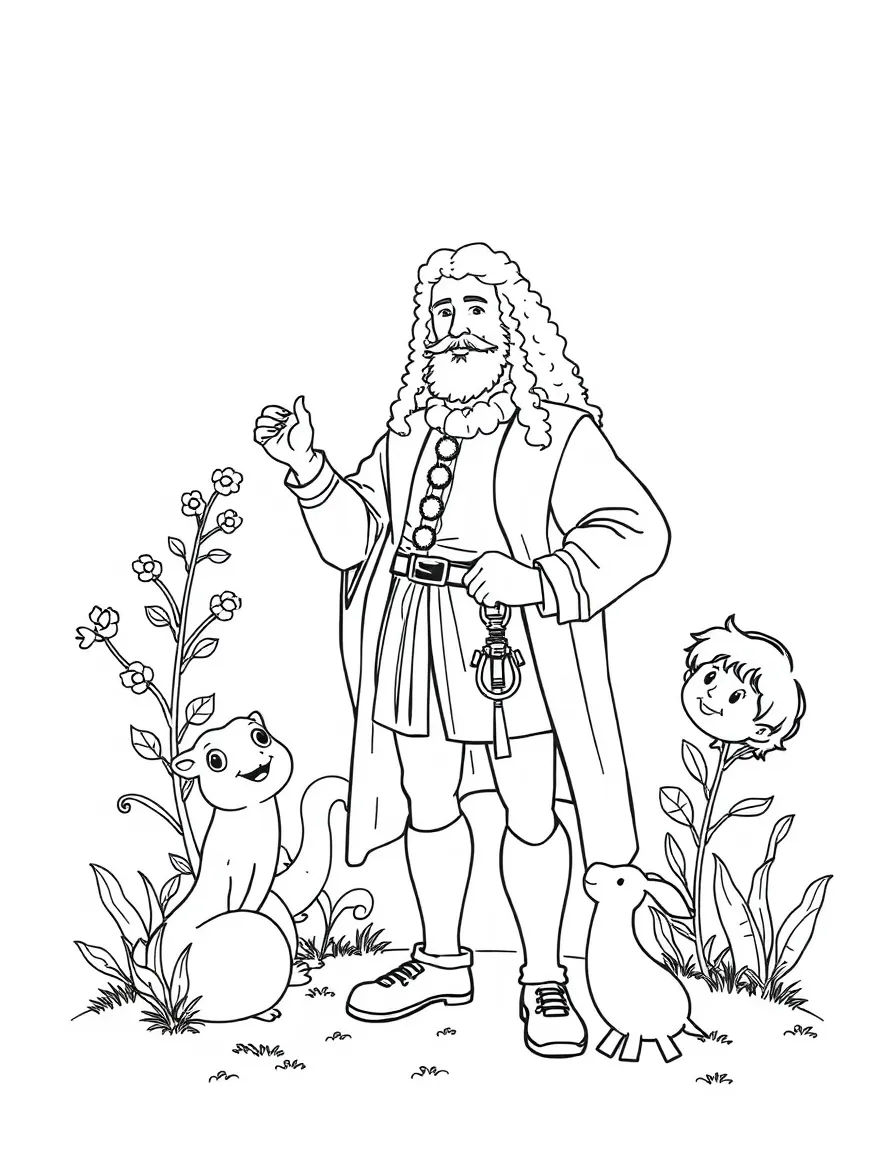 A playful scene showing Leonardo da Vinci in a historical outfit with animals, plants, or kids nearby.