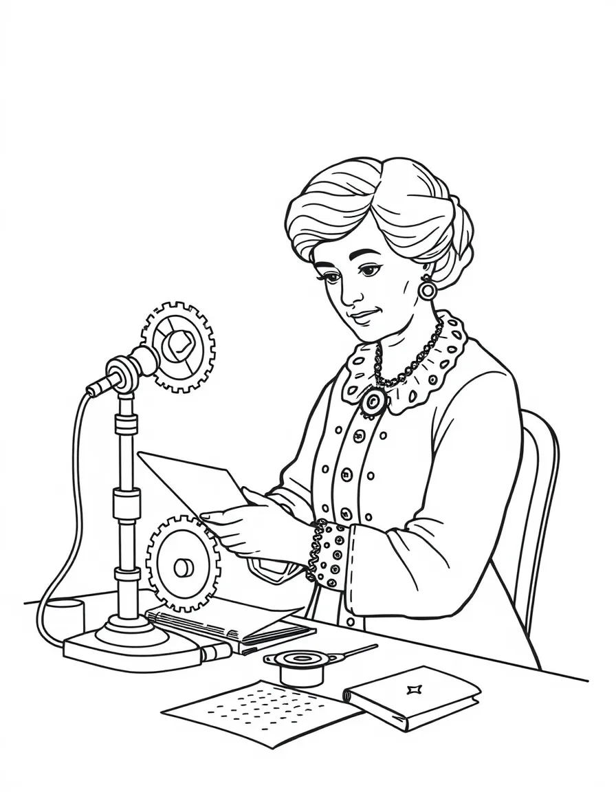 Susan B. Anthony working on their famous invention or idea, with gears, papers, or lab equipment drawn simply.