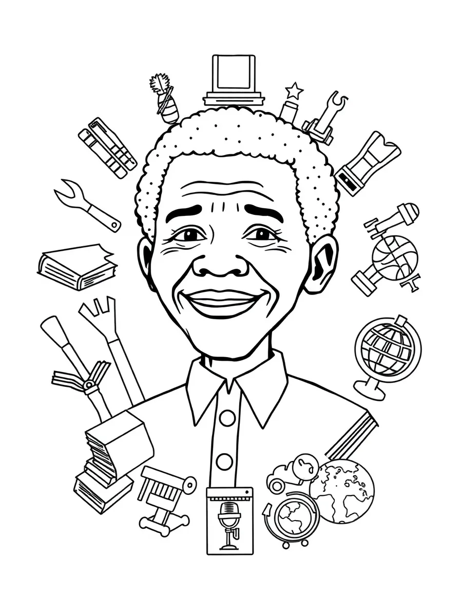 A cartoon-style drawing of Nelson Mandela surrounded by symbols of their achievements, like books, tools, or globes.
