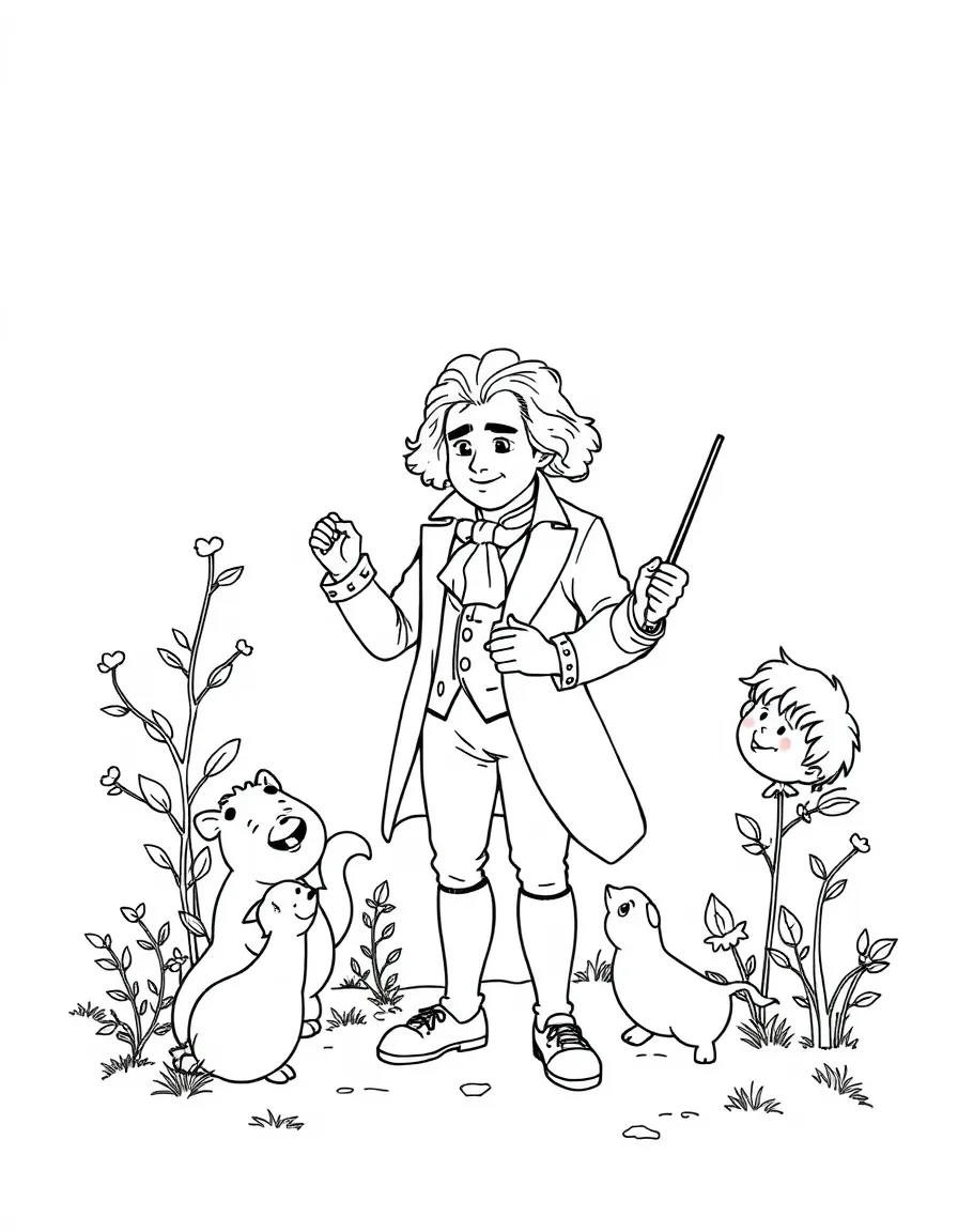 A playful scene showing Beethoven in a historical outfit with animals, plants, or kids nearby.