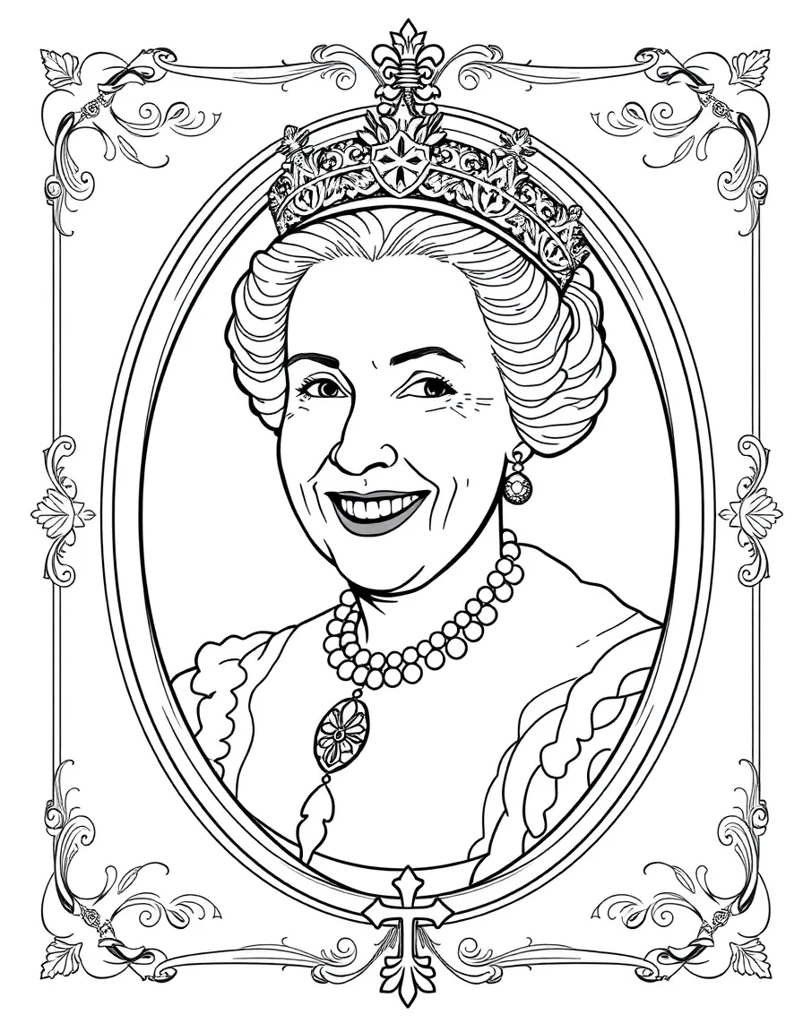 A portrait of Queen Elizabeth I with a big smile, framed with decorative borders and symbols of their time period.