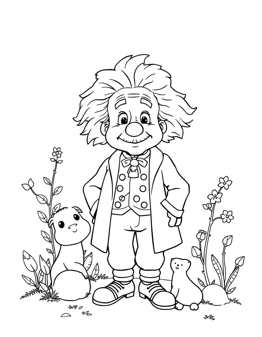 A playful scene showing Albert Einstein in a historical outfit with animals, plants, or kids nearby.