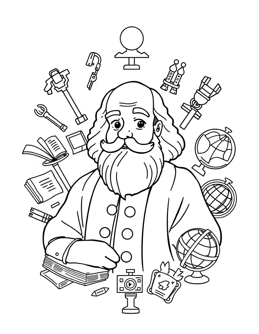 A cartoon-style drawing of Galileo Galilei surrounded by symbols of their achievements, like books, tools, or globes.