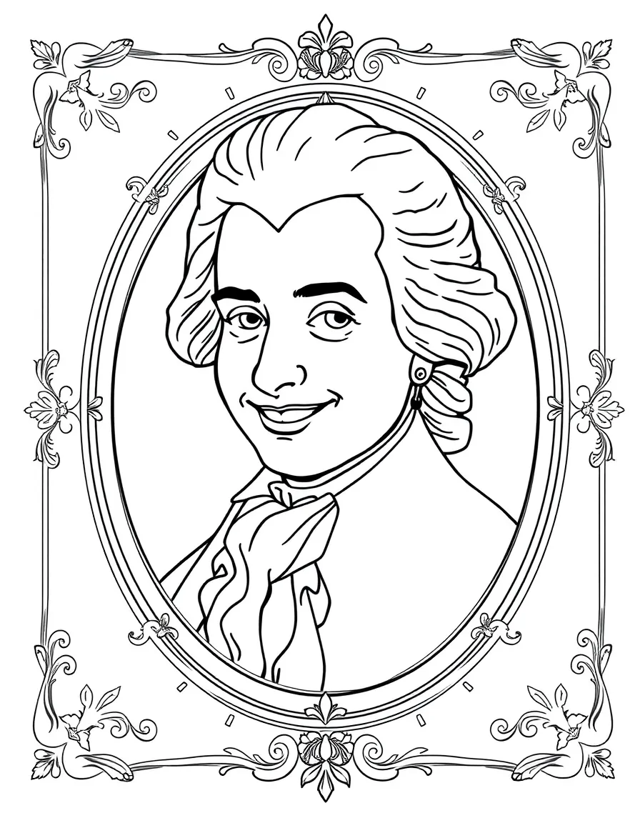 A portrait of Mozart with a big smile, framed with decorative borders and symbols of their time period.
