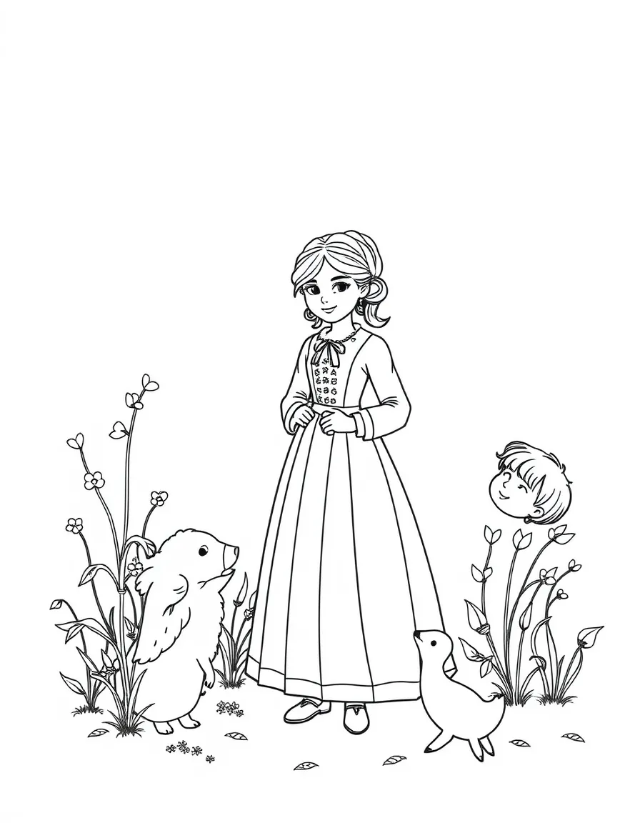 A playful scene showing Jane Austen in a historical outfit with animals, plants, or kids nearby.