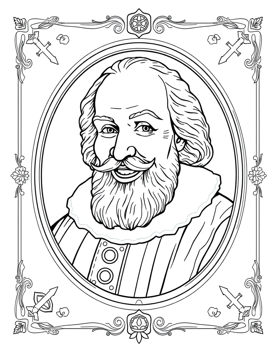 A portrait of Galileo Galilei with a big smile, framed with decorative borders and symbols of their time period.