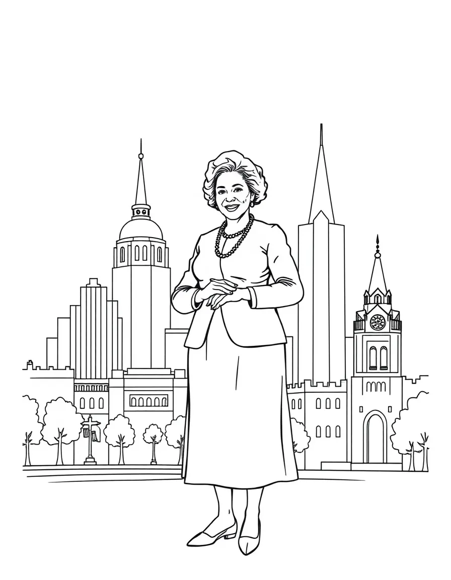 Rosa Parks standing proudly with historical landmarks in the background, drawn with clear bold lines for coloring.