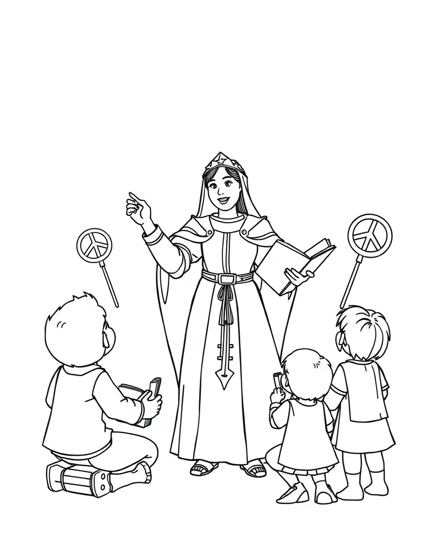 A fun coloring page of Joan of Arc giving a speech to children with books and peace signs around.