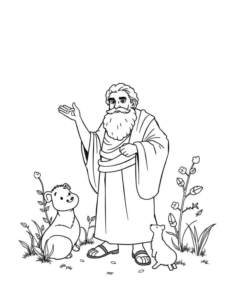 A playful scene showing Plato in a historical outfit with animals, plants, or kids nearby.
