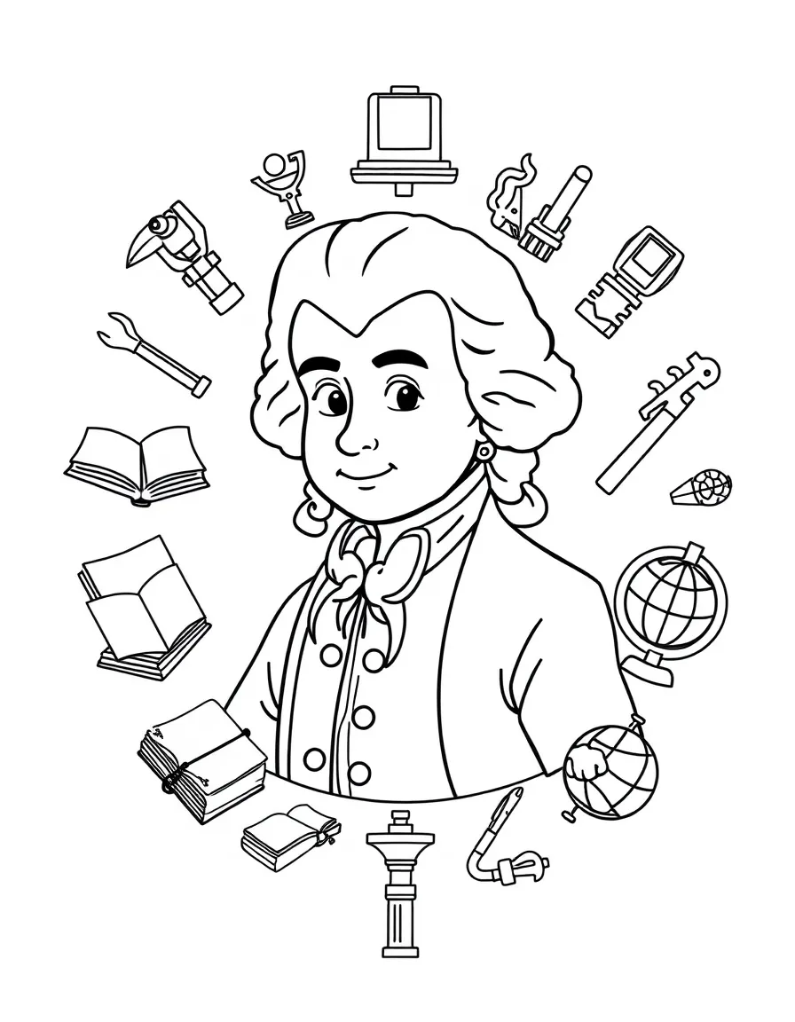 A cartoon-style drawing of Mozart surrounded by symbols of their achievements, like books, tools, or globes.