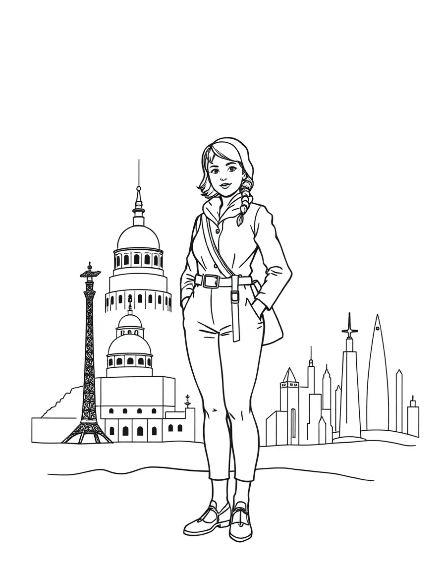 Amelia Earhart standing proudly with historical landmarks in the background, drawn with clear bold lines for coloring.