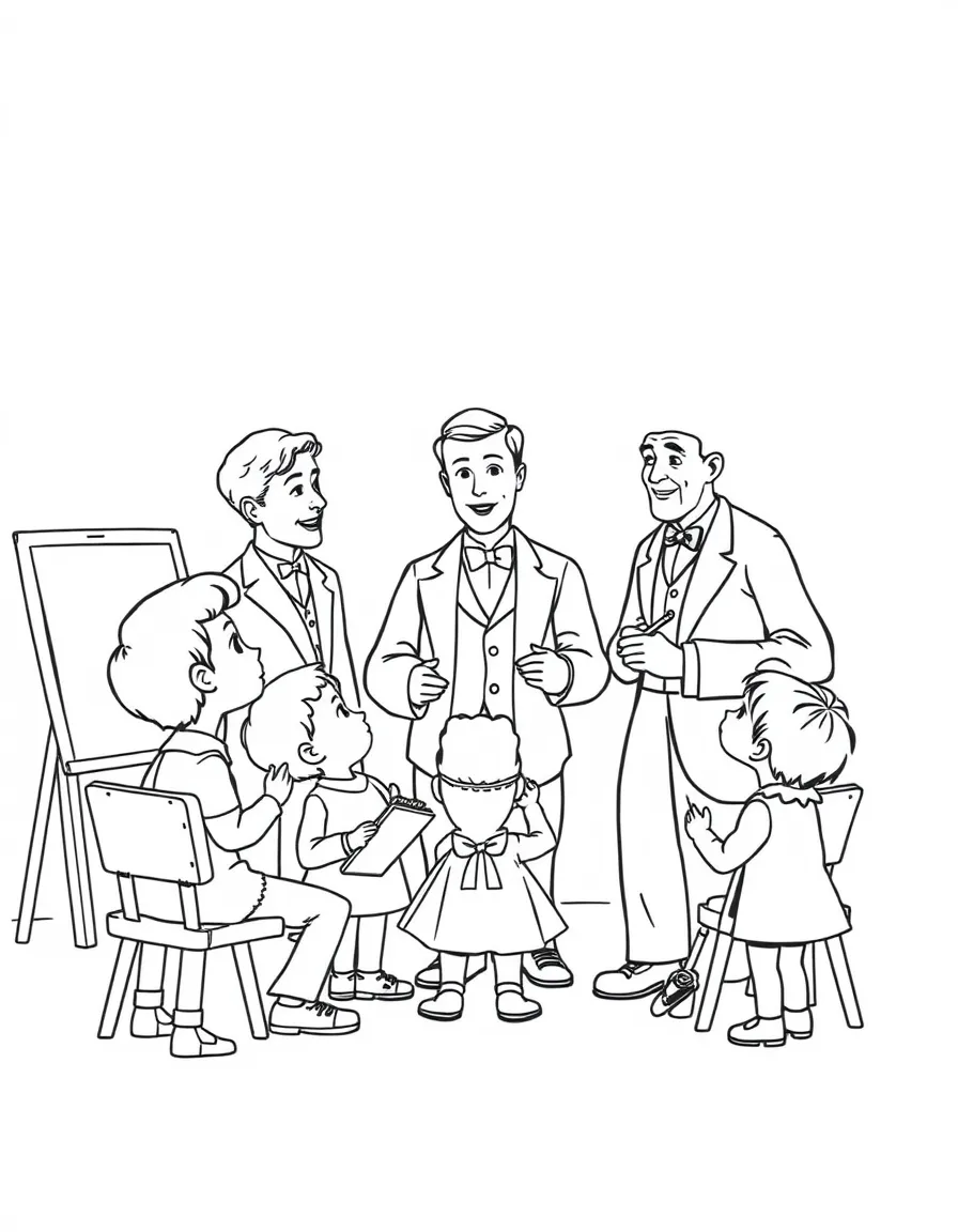 The Wright Brothers teaching children, with educational items like chalkboards and pencils, in a friendly classroom scene.