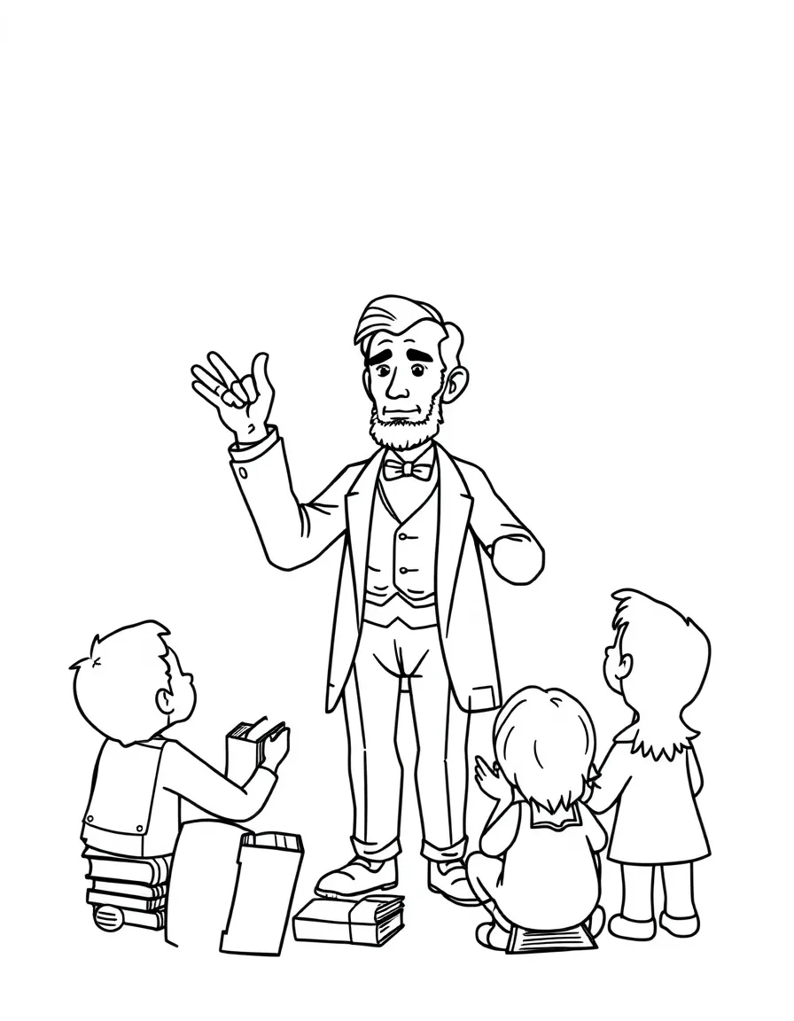 A fun coloring page of Abraham Lincoln giving a speech to children with books and peace signs around.