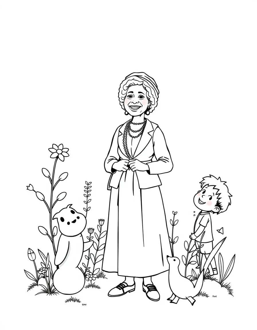 A playful scene showing Rosa Parks in a historical outfit with animals, plants, or kids nearby.