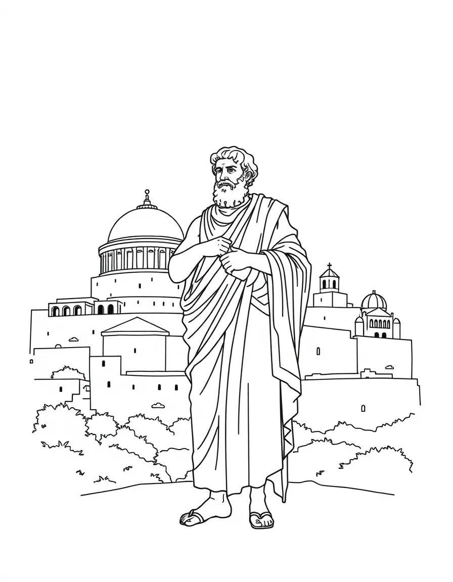 Aristotle standing proudly with historical landmarks in the background, drawn with clear bold lines for coloring.