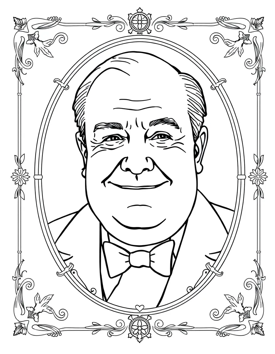 A portrait of Winston Churchill with a big smile, framed with decorative borders and symbols of their time period.
