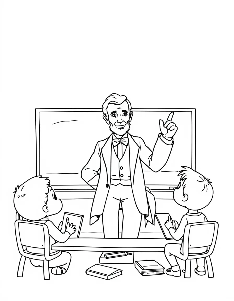 Abraham Lincoln teaching children, with educational items like chalkboards and pencils, in a friendly classroom scene.