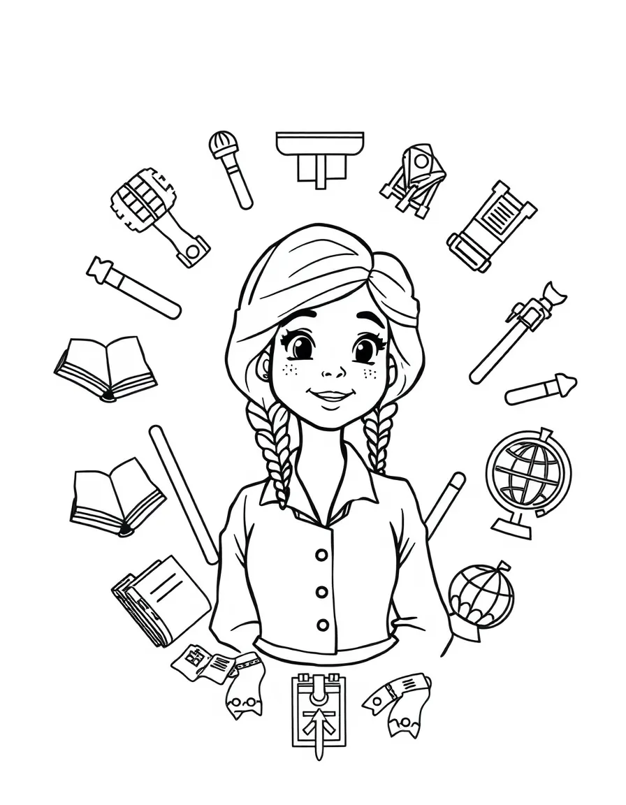 A cartoon-style drawing of Amelia Earhart surrounded by symbols of their achievements, like books, tools, or globes.