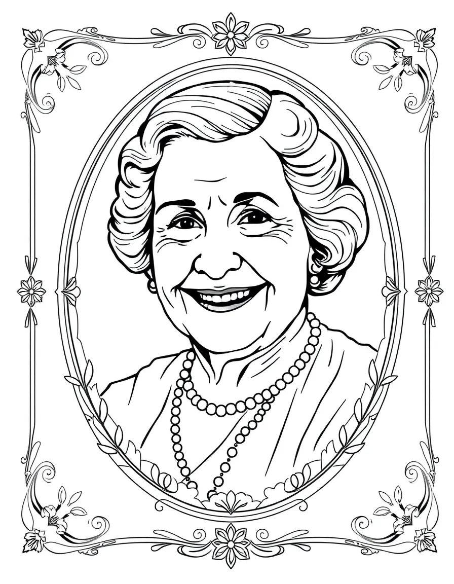 A portrait of Helen Keller with a big smile, framed with decorative borders and symbols of their time period.