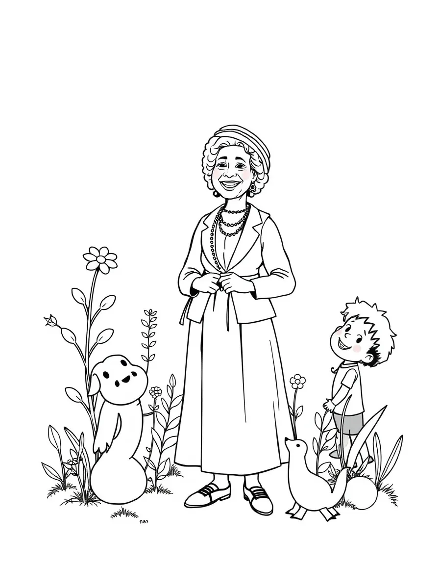 A playful scene showing Rosa Parks in a historical outfit with animals, plants, or kids nearby.