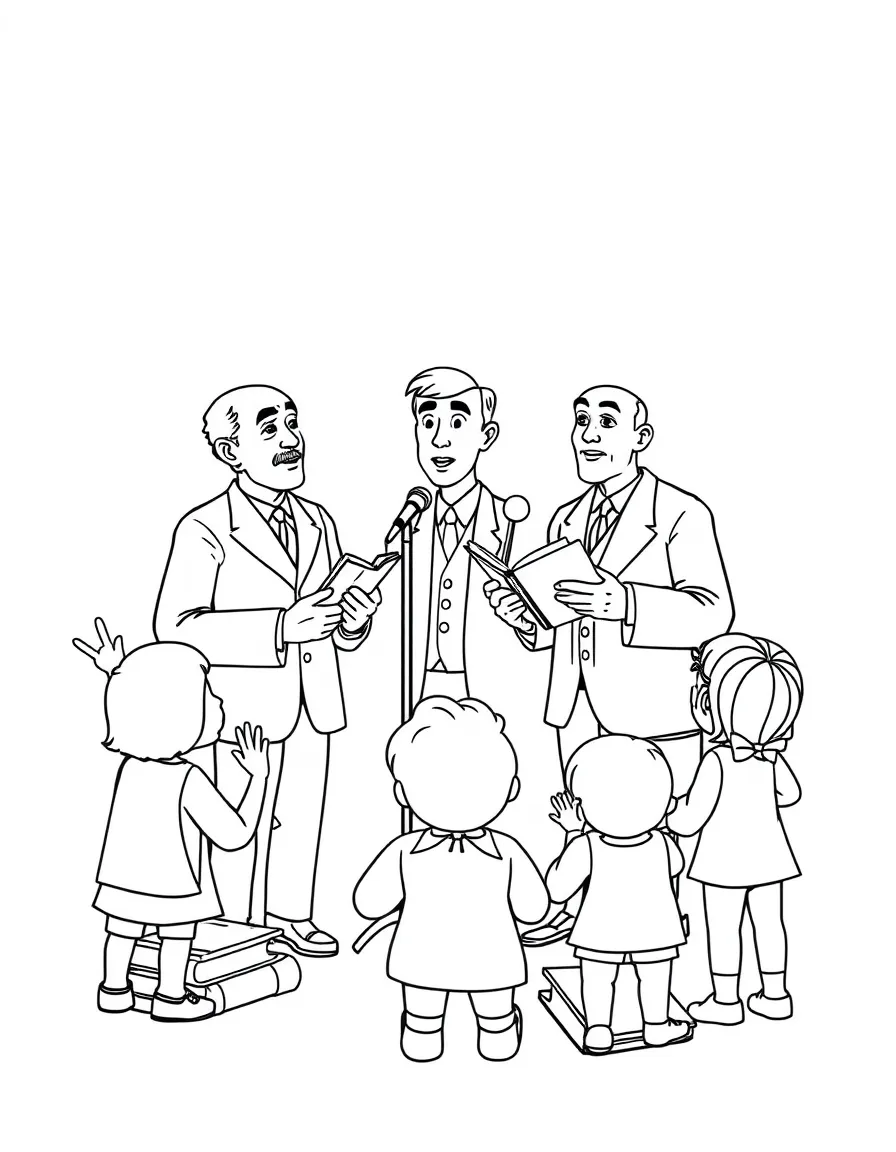 A fun coloring page of The Wright Brothers giving a speech to children with books and peace signs around.