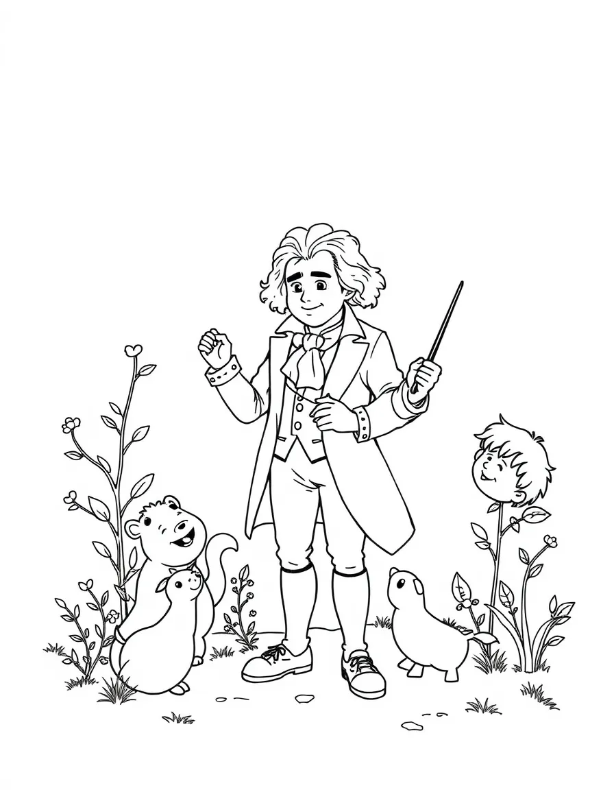 A playful scene showing Beethoven in a historical outfit with animals, plants, or kids nearby.