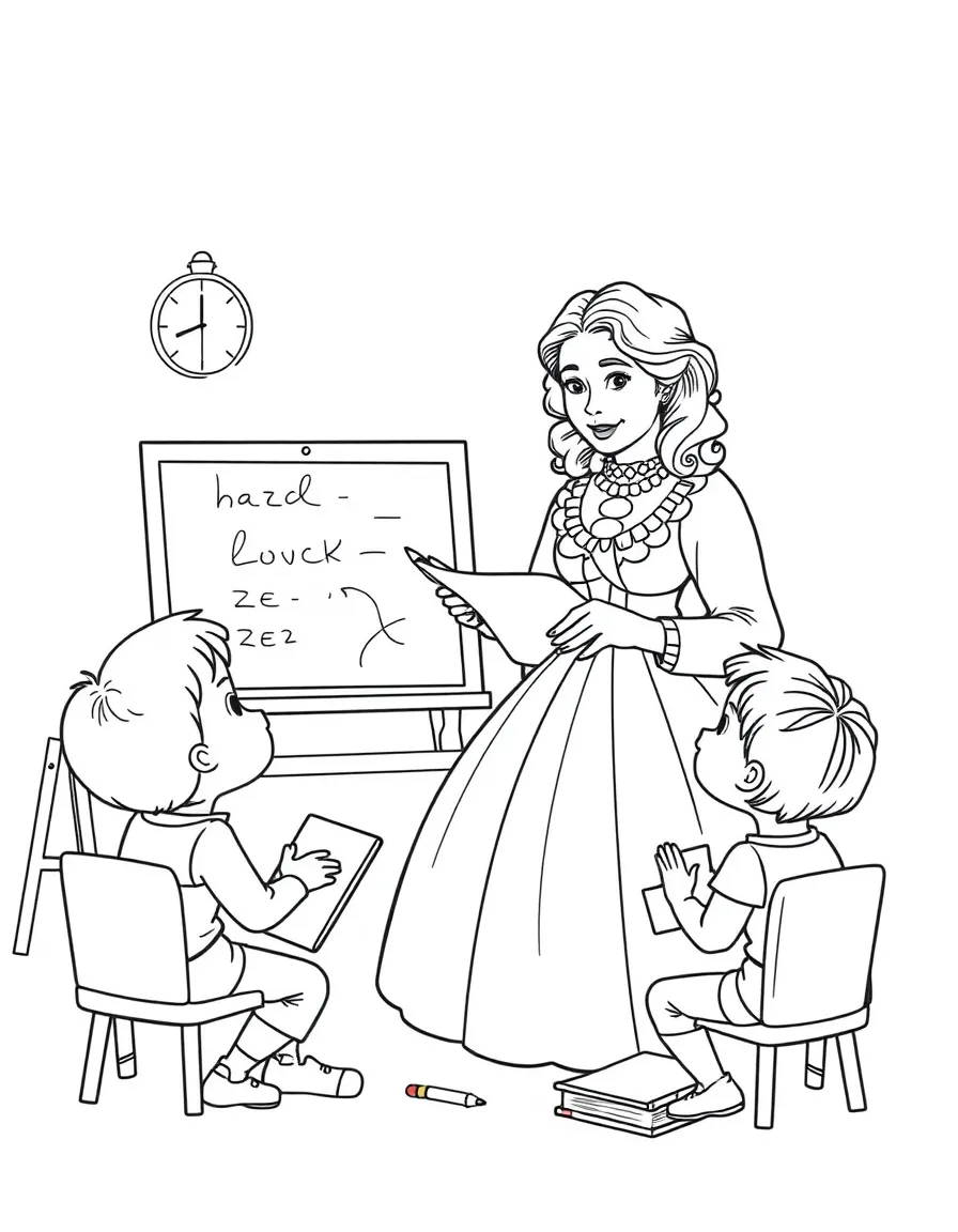 Ada Lovelace teaching children, with educational items like chalkboards and pencils, in a friendly classroom scene.