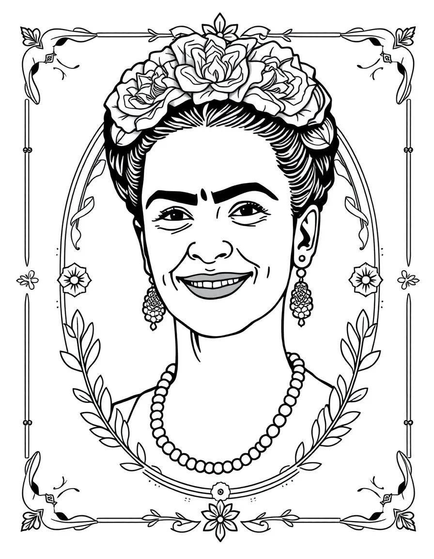 A portrait of Frida Kahlo with a big smile, framed with decorative borders and symbols of their time period.