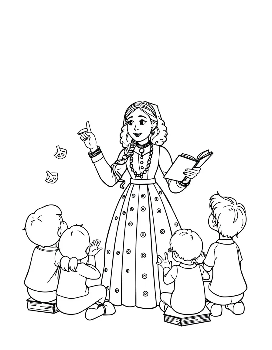 A fun coloring page of Ada Lovelace giving a speech to children with books and peace signs around.