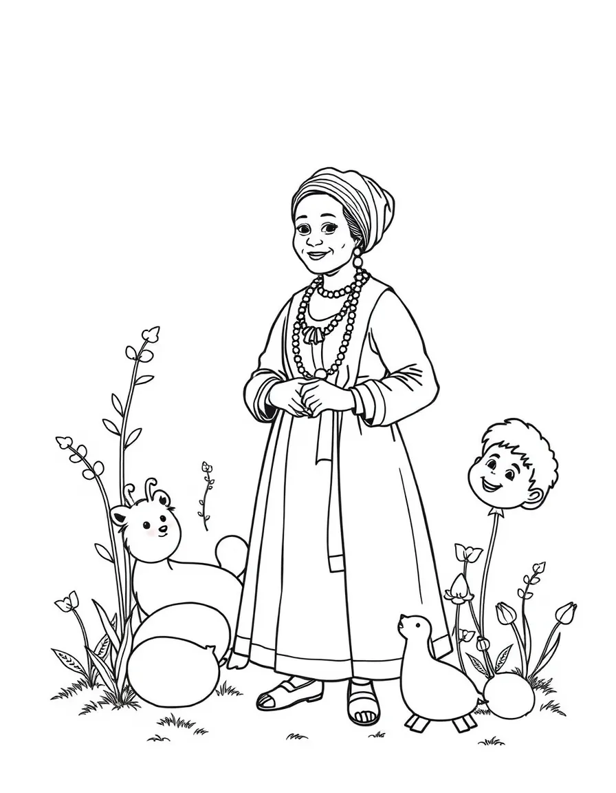 A playful scene showing Harriet Tubman in a historical outfit with animals, plants, or kids nearby.