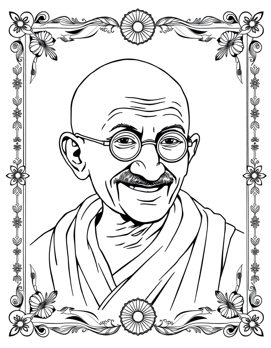 A portrait of Mahatma Gandhi with a big smile, framed with decorative borders and symbols of their time period.