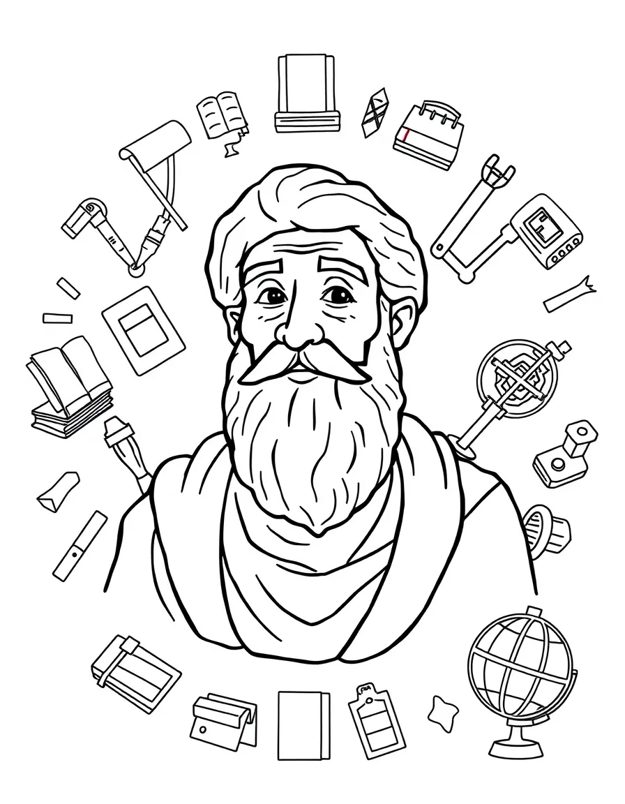 A cartoon-style drawing of Plato surrounded by symbols of their achievements, like books, tools, or globes.