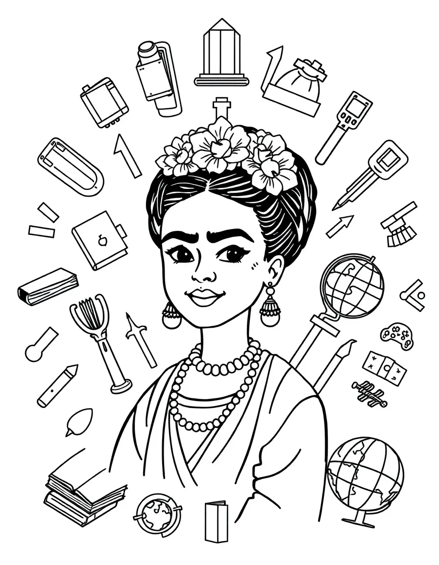 A cartoon-style drawing of Frida Kahlo surrounded by symbols of their achievements, like books, tools, or globes.