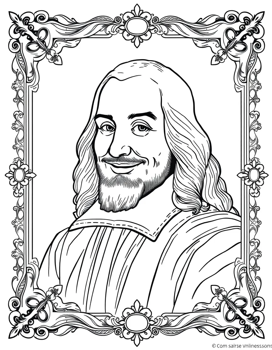 A portrait of Leonardo da Vinci with a big smile, framed with decorative borders and symbols of their time period.