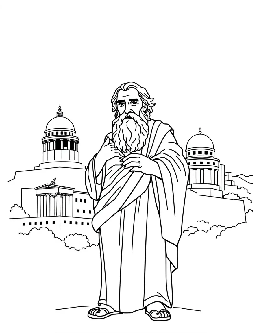 Socrates standing proudly with historical landmarks in the background, drawn with clear bold lines for coloring.